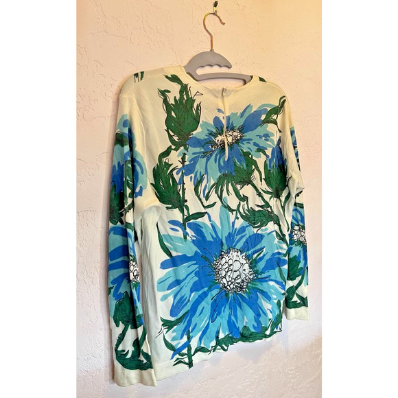 1960s Light Weight Knit Long Sleeve Shirt Blue Floral Med - Picture 2 of 2